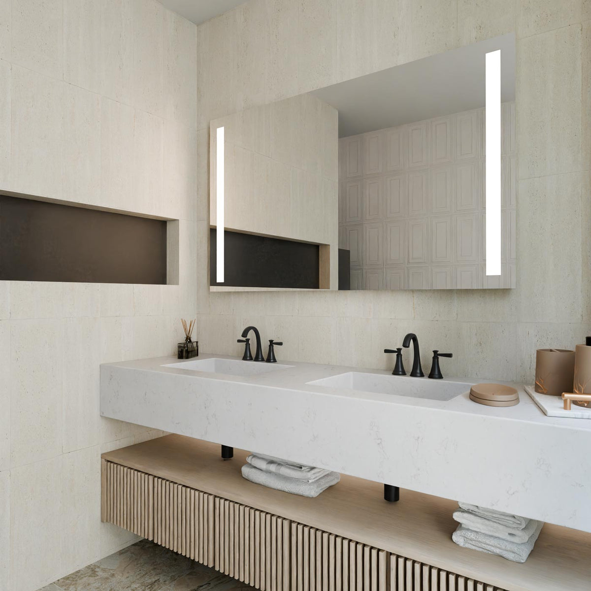 Fusion LED Lighted Mirror in bathroom.