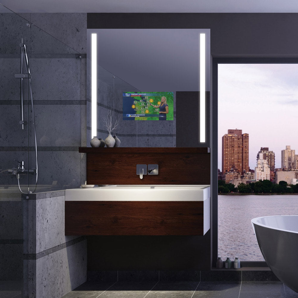 Fusion LED Mirror TV in bathroom.