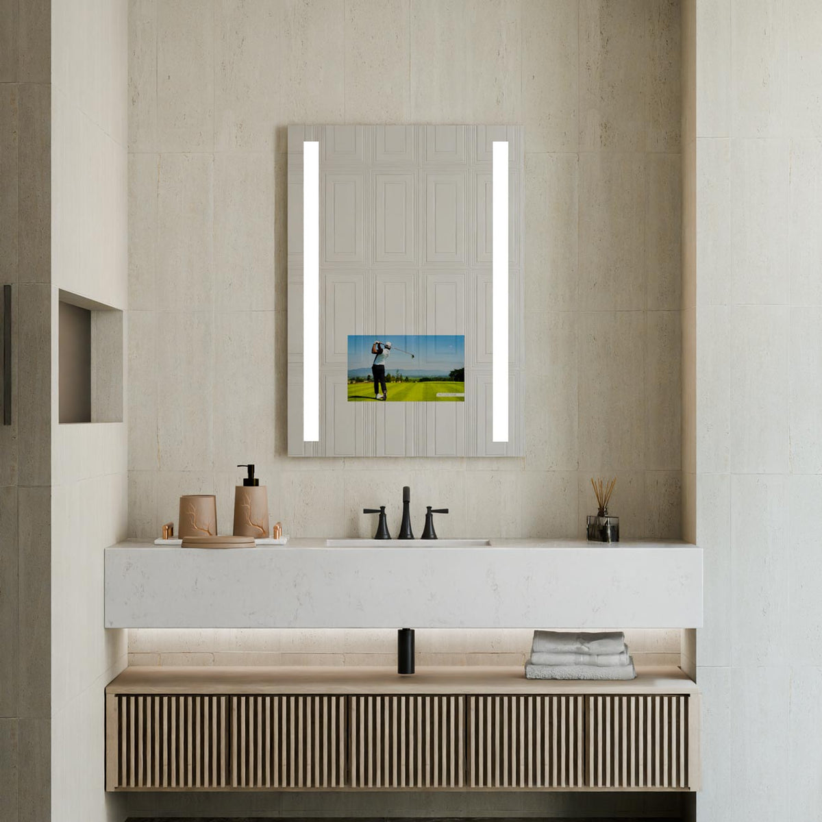 Fusion LED Mirror TV in bathroom.