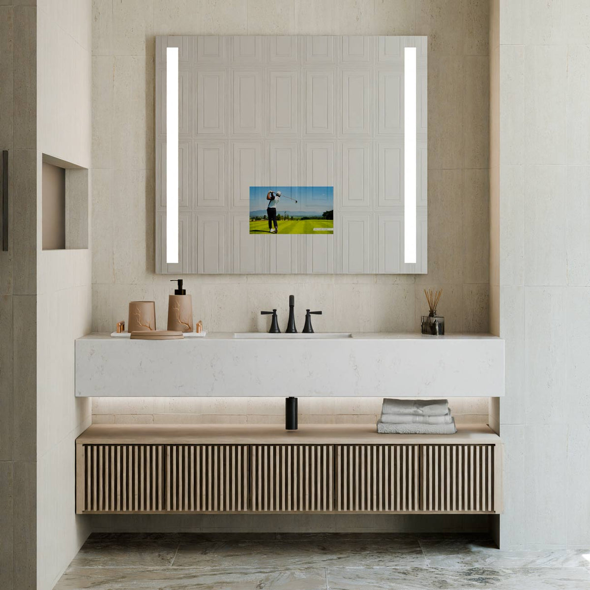 Fusion LED Mirror TV in bathroom.