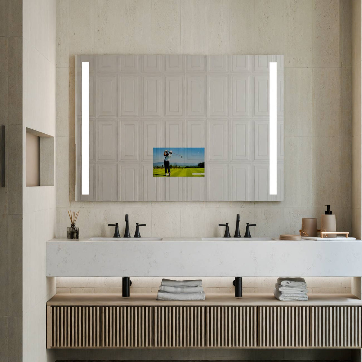 Fusion LED Mirror TV in bathroom.