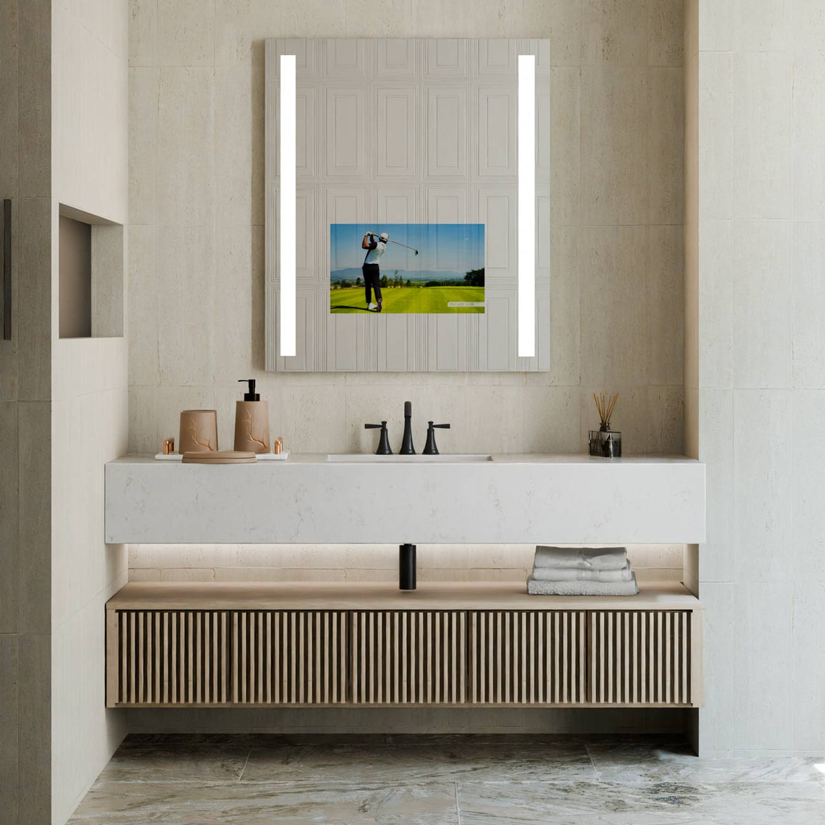 Fusion LED Mirror TV in bathroom.
