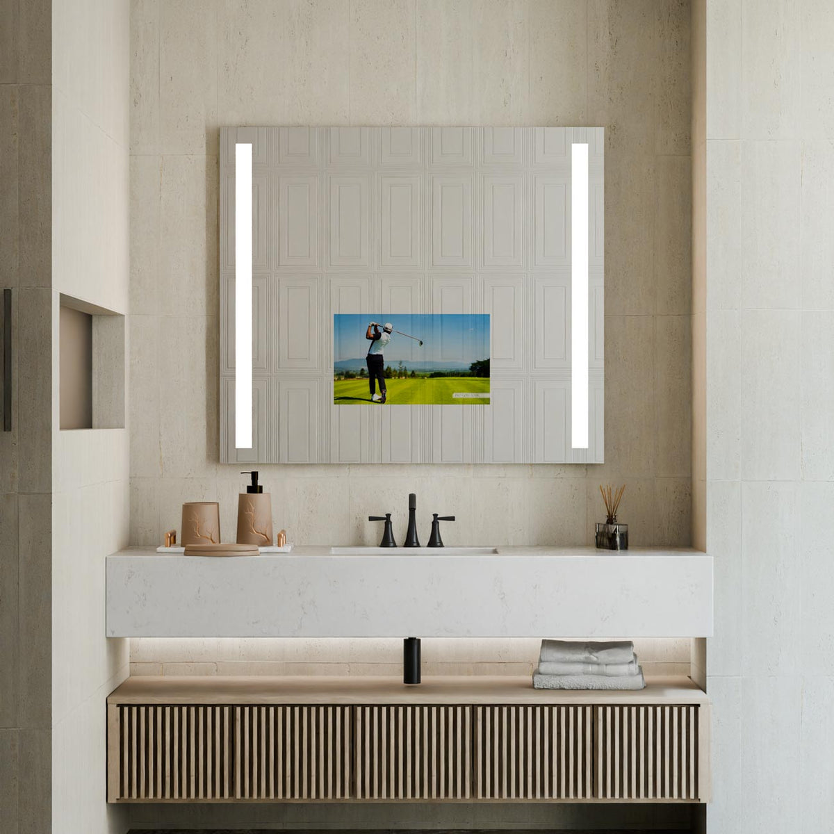 Fusion LED Mirror TV in bathroom.