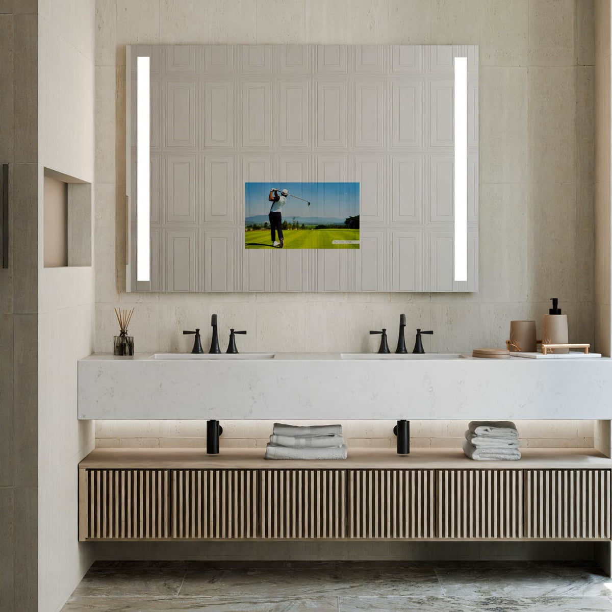Fusion LED Mirror TV in bathroom.