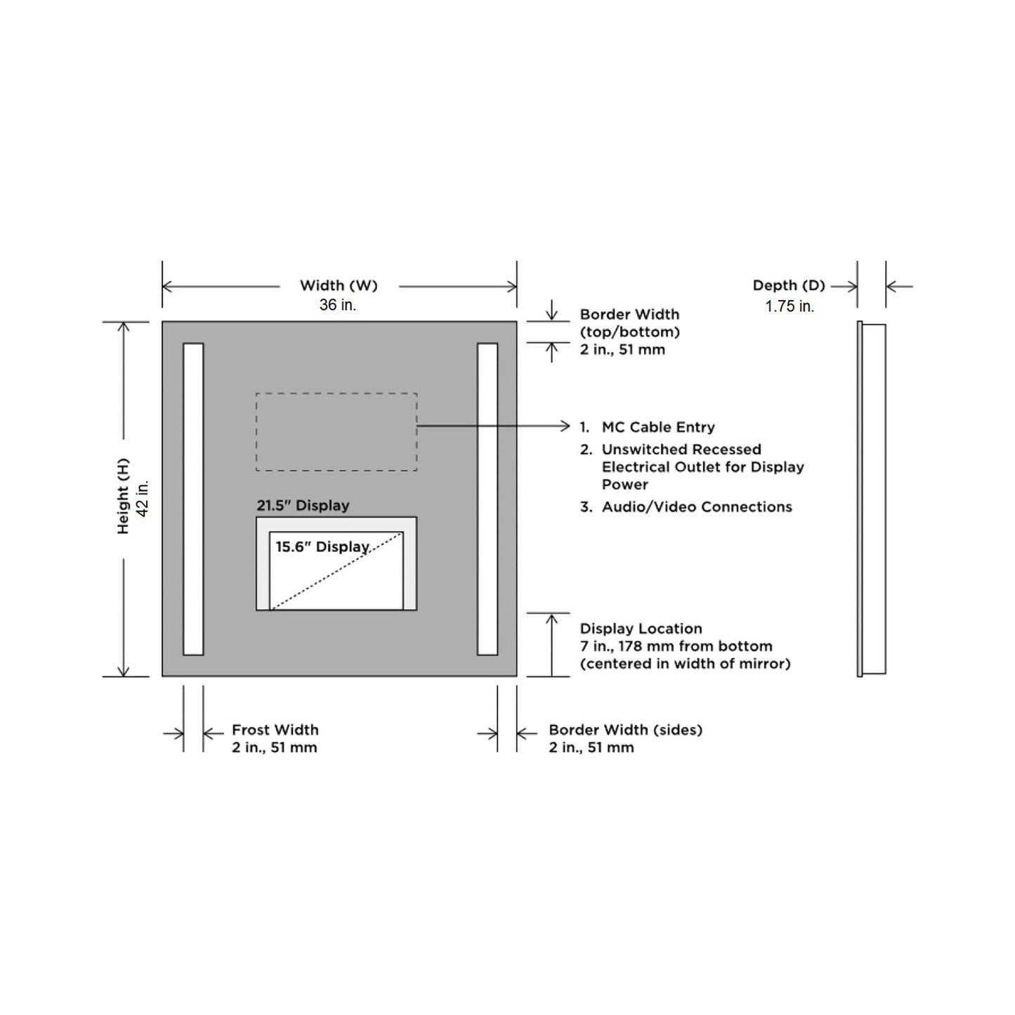 Fusion LED Mirror TV - line drawing.