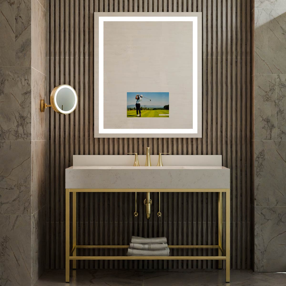 Integrity LED Lighted Mirror TV in bathroom.