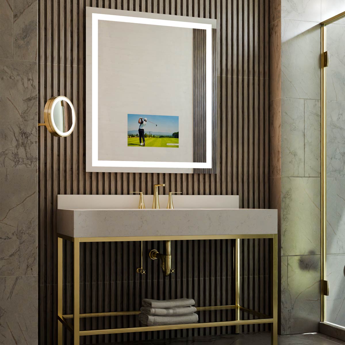 Integrity LED Lighted Mirror TV in bathroom.