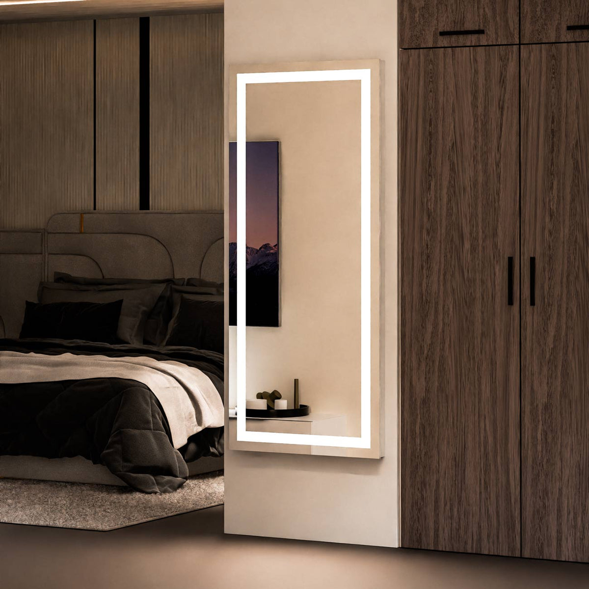 Integrity LED Wardrobe Mirror in bedroom.