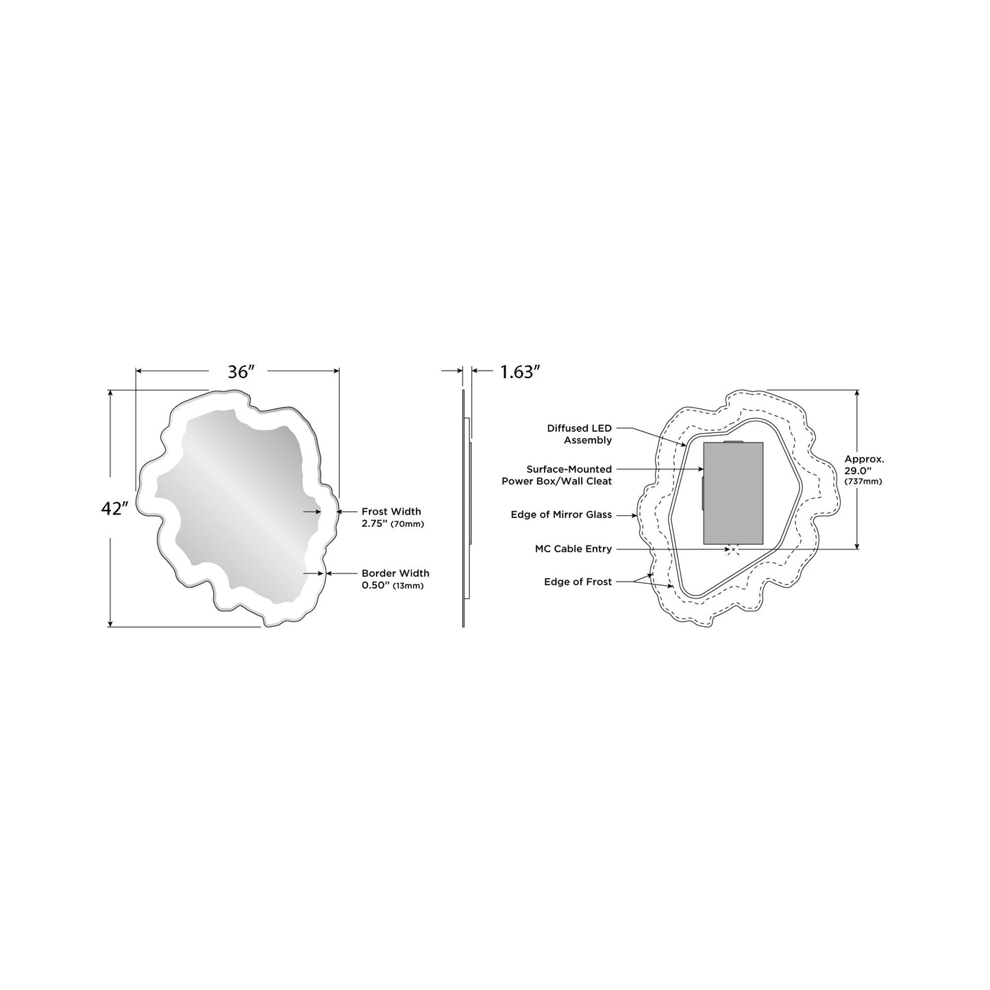 Isola LED Lighted Mirror - line drawing.