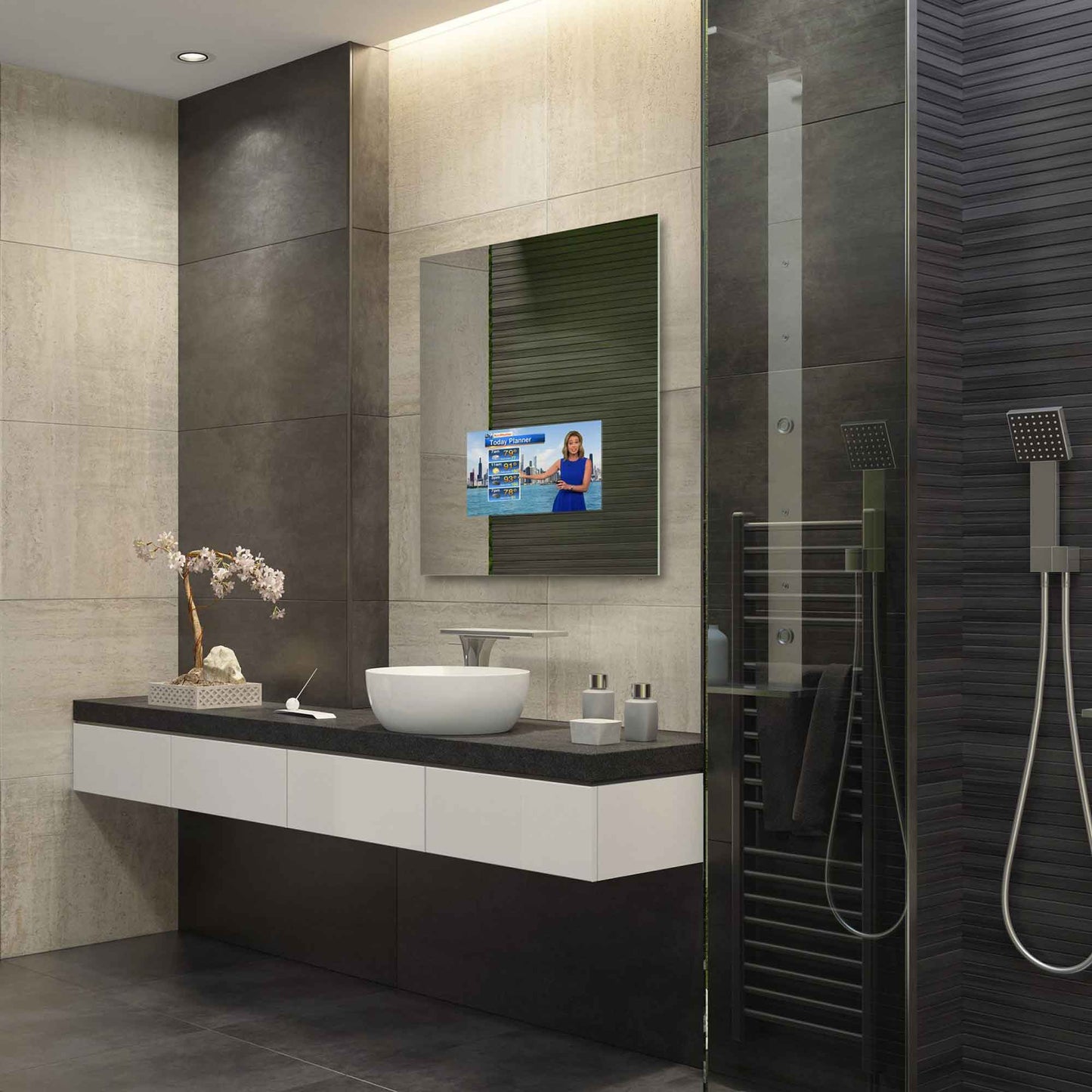 Loft Mirror TV in bathroom.