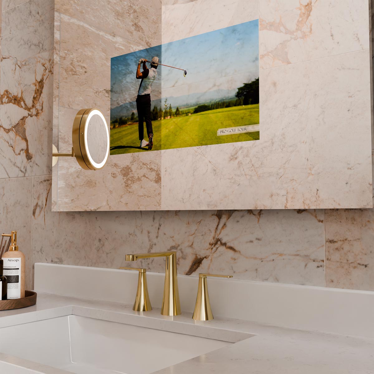 Loft Mirror TV in bathroom.