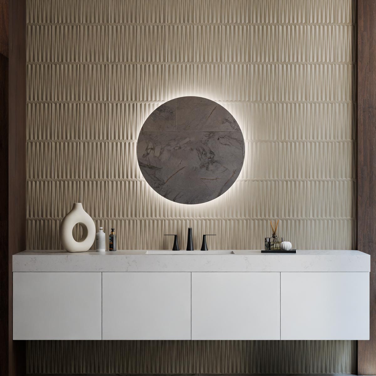 Luna LED Lighted Mirror in bathroom.
