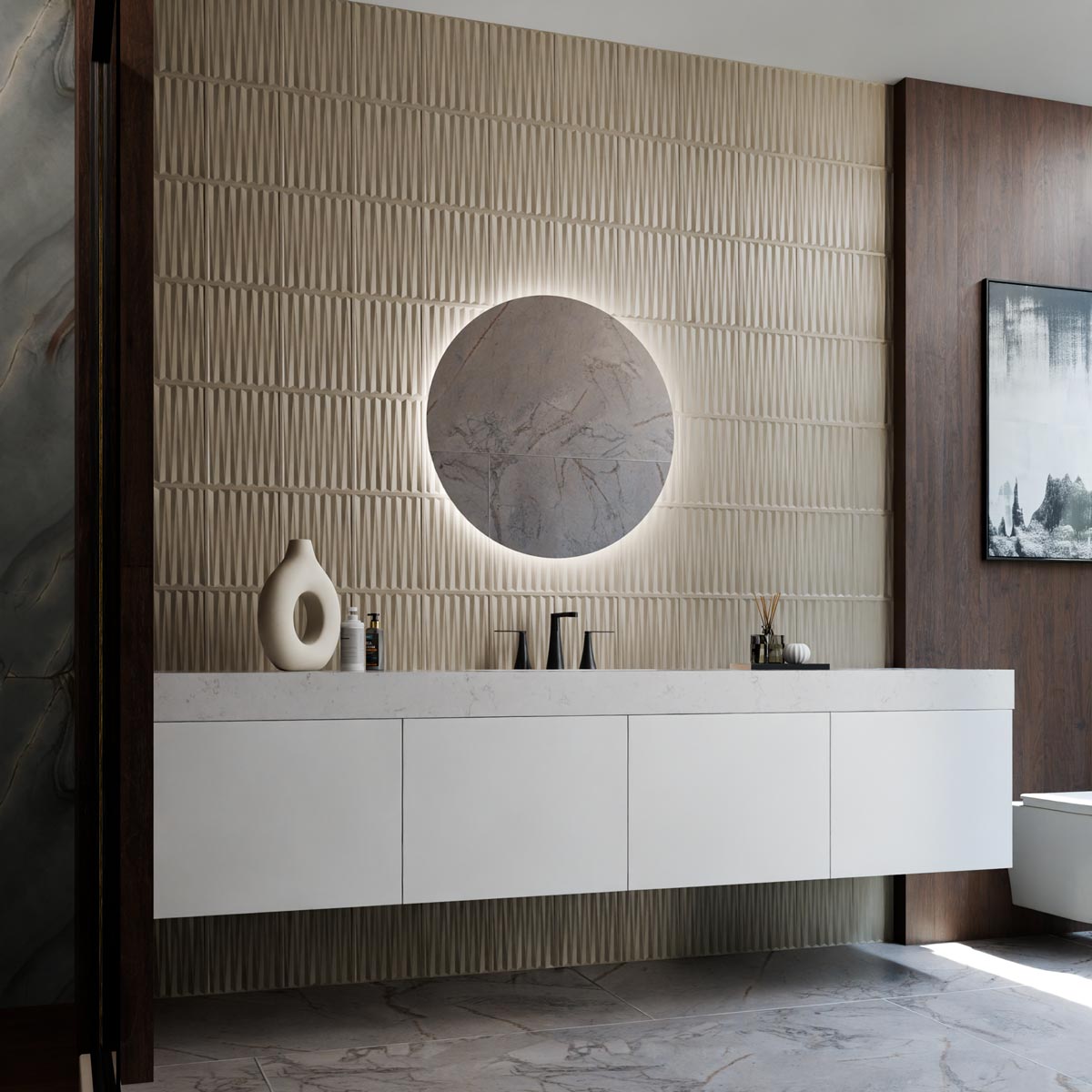 Luna LED Lighted Mirror in bathroom.