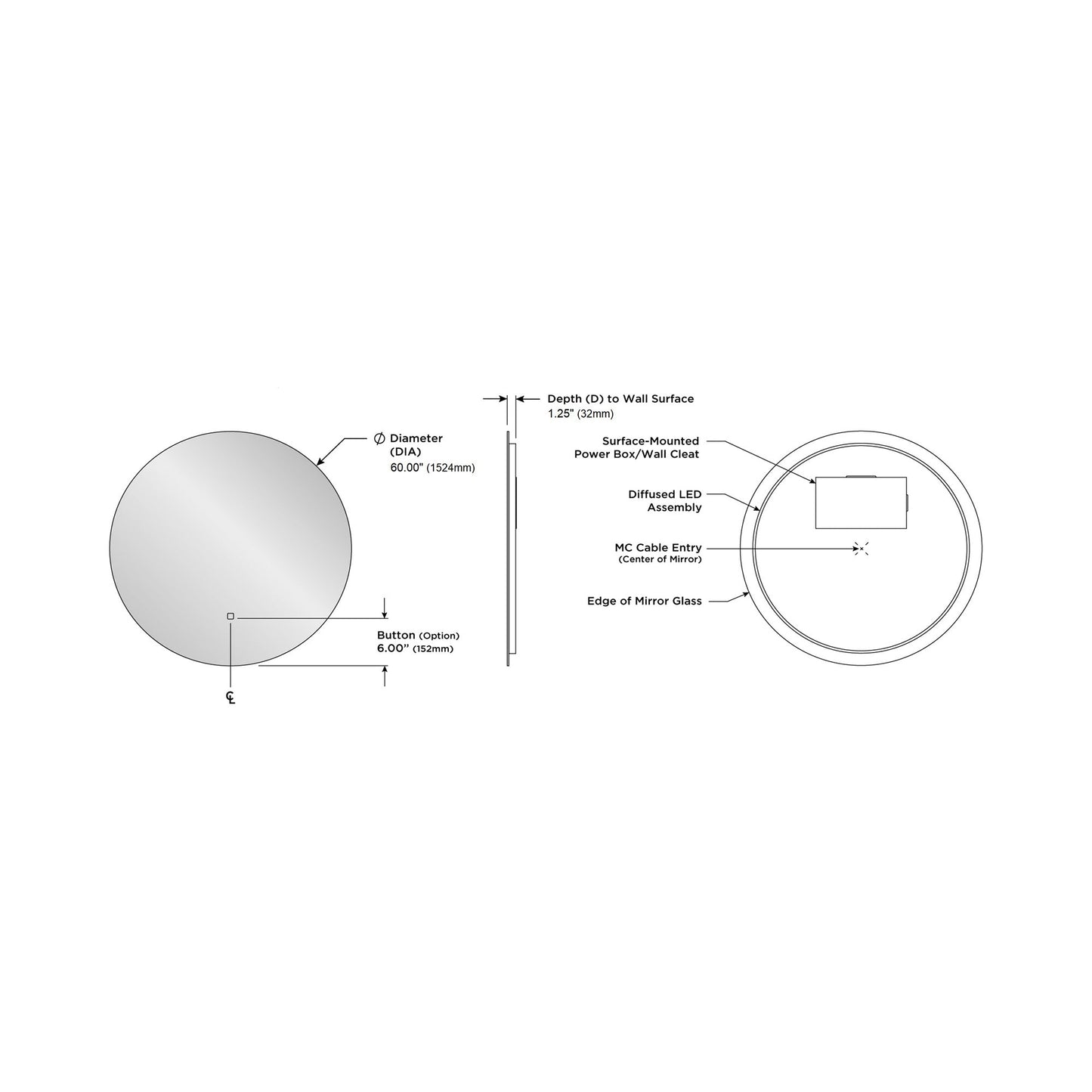 Luna LED Lighted Mirror - line drawing.