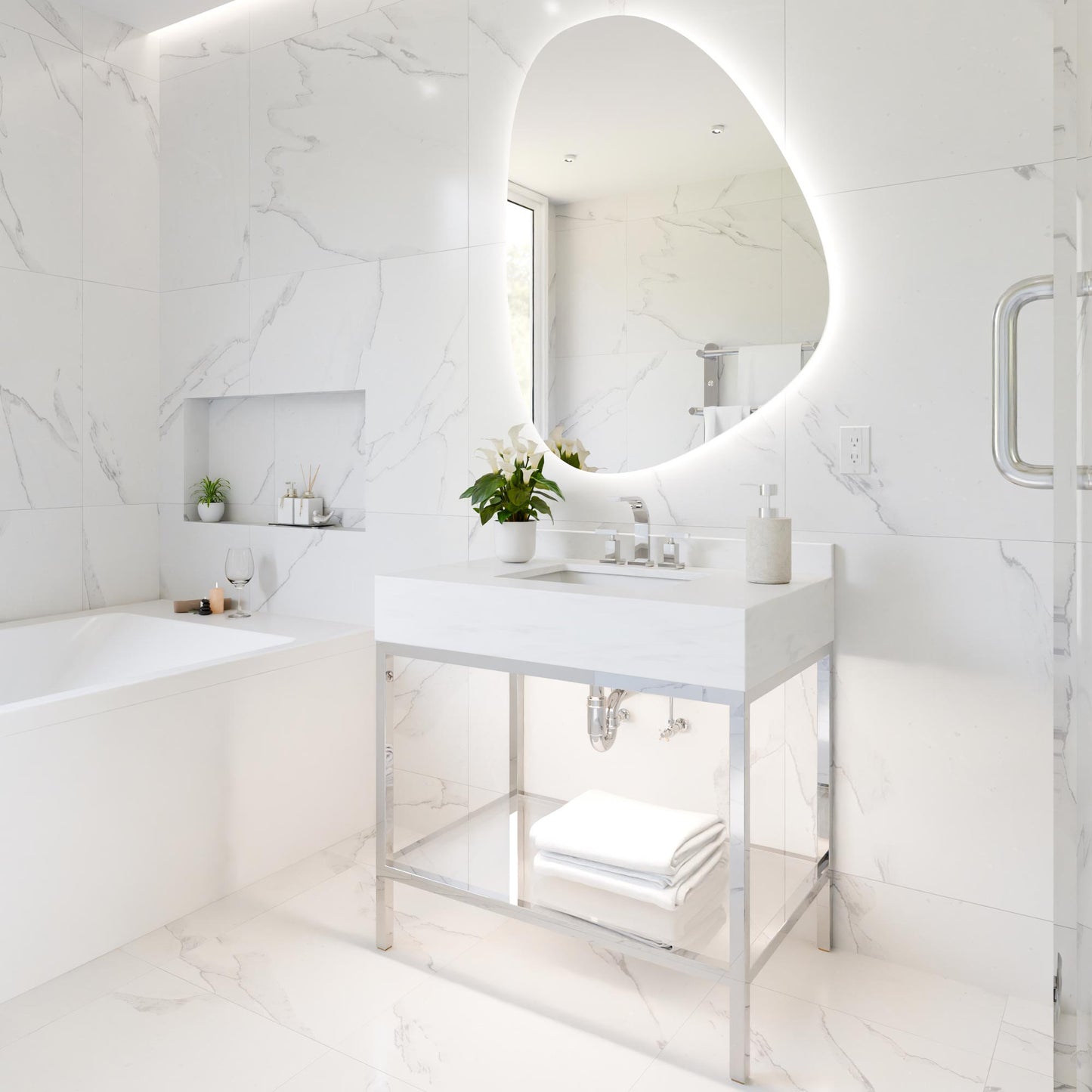 Petra LED Lighted Mirror in bathroom.