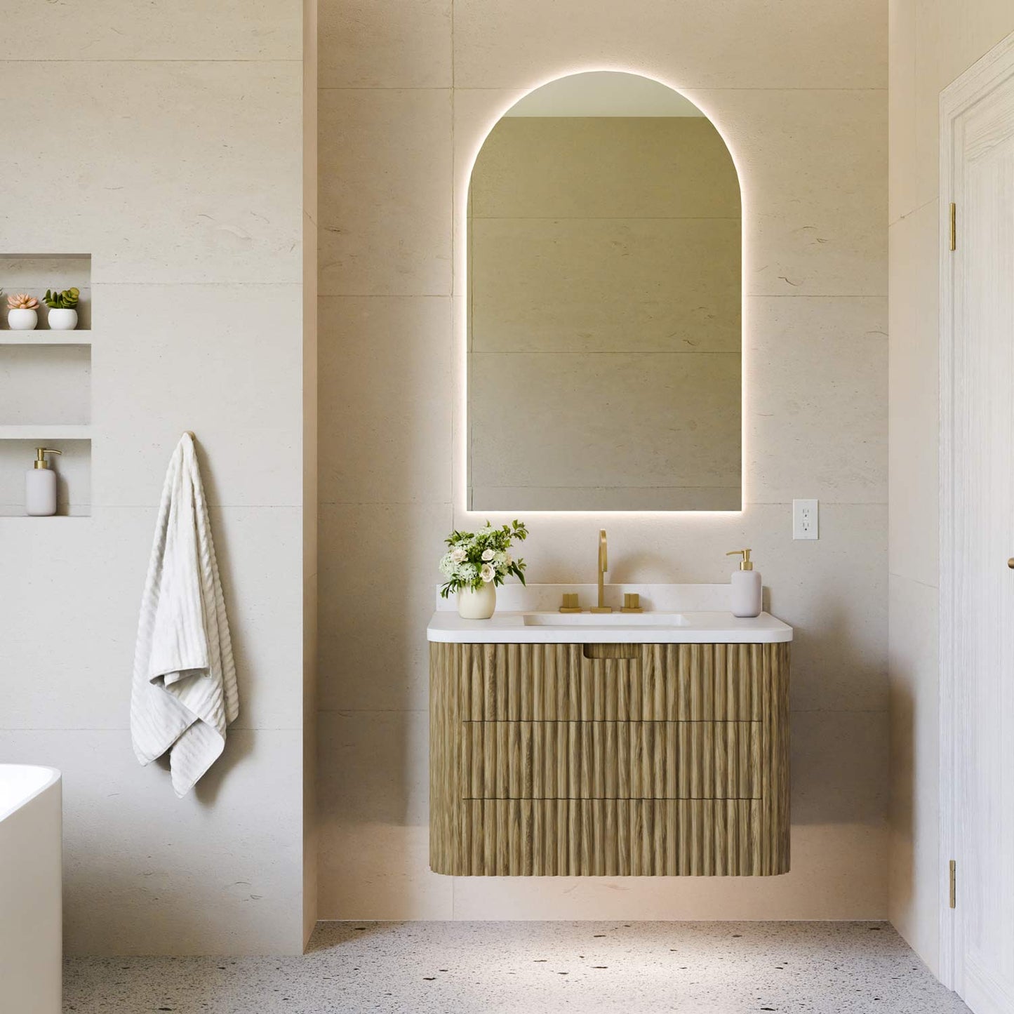 Pinnacle LED Lighted Mirror in bathroom.