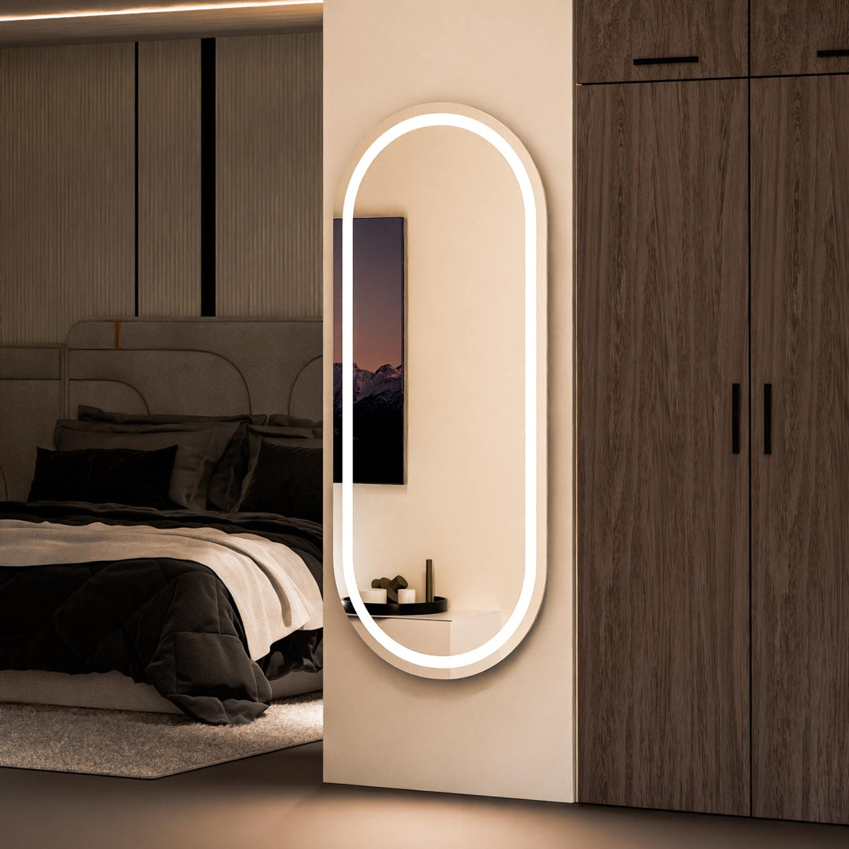 Saratoga LED Lighted Mirror in bedroom.