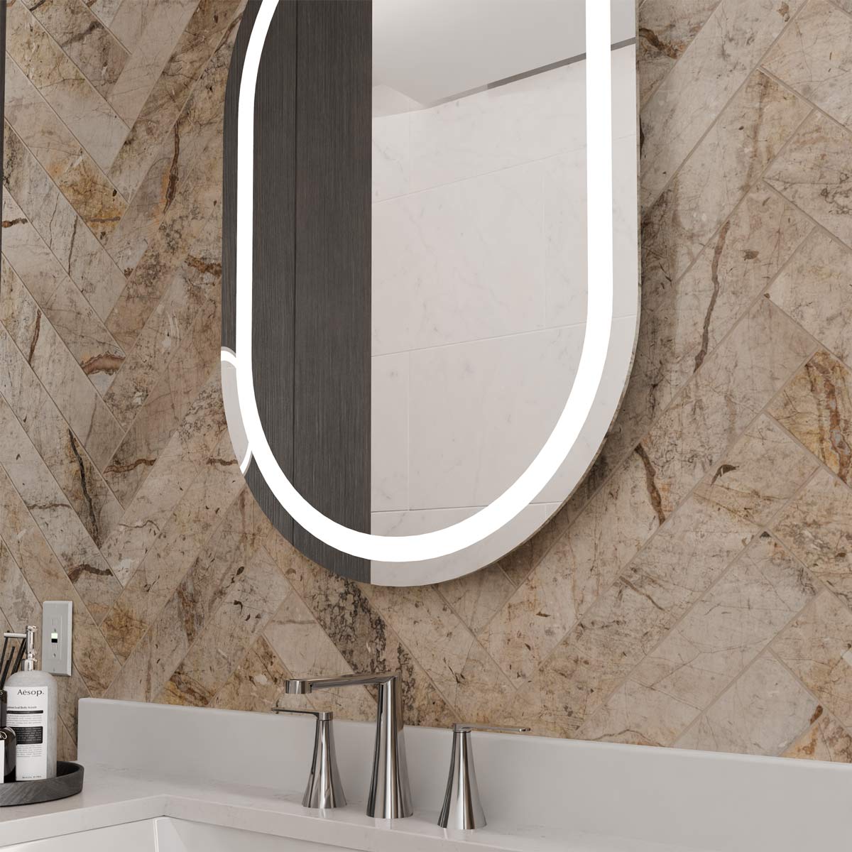 Saratoga LED Lighted Mirror in bathroom.