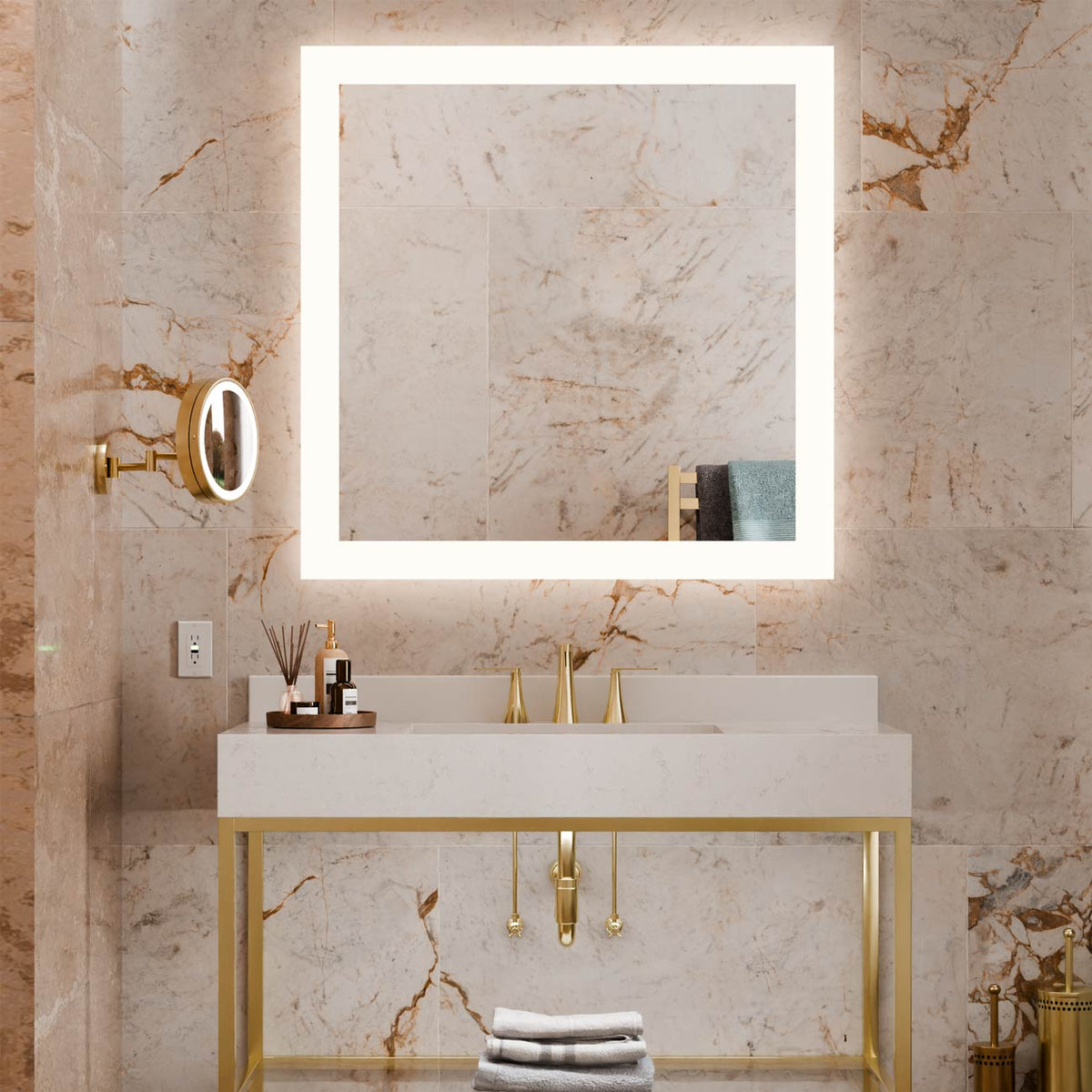 Silhouette LED Lighted Mirror in bathroom.