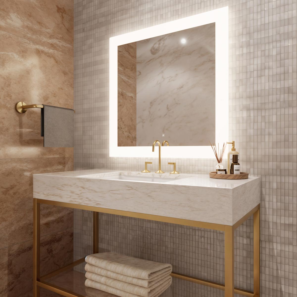 Silhouette LED Lighted Mirror in bathroom.