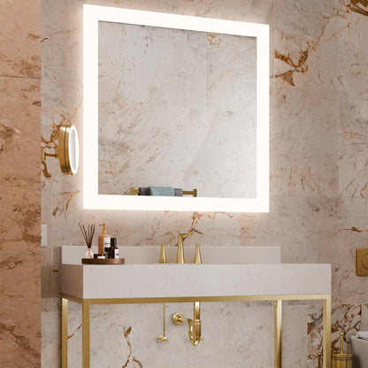 Silhouette LED Lighted Mirror in bathroom.