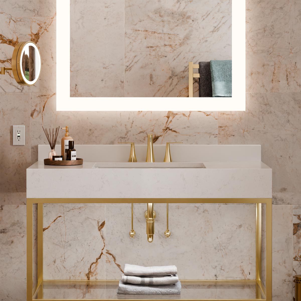Silhouette LED Lighted Mirror in bathroom.