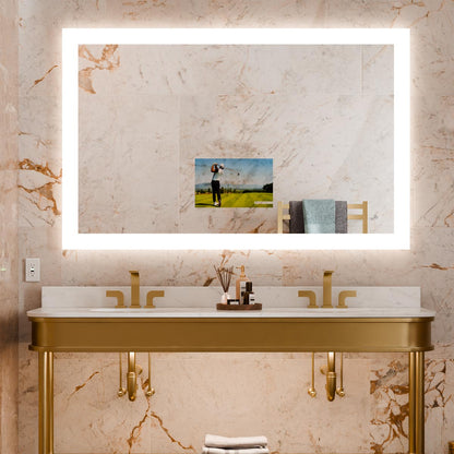 Silhouette LED Lighted Mirror TV in bathroom.
