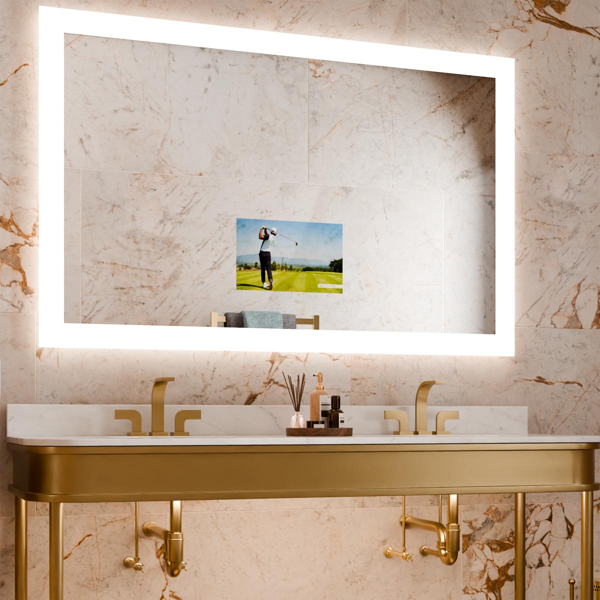 Silhouette LED Lighted Mirror TV in bathroom.