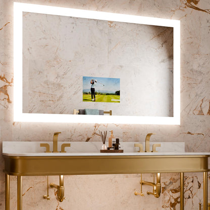 Silhouette LED Lighted Mirror TV in bathroom.