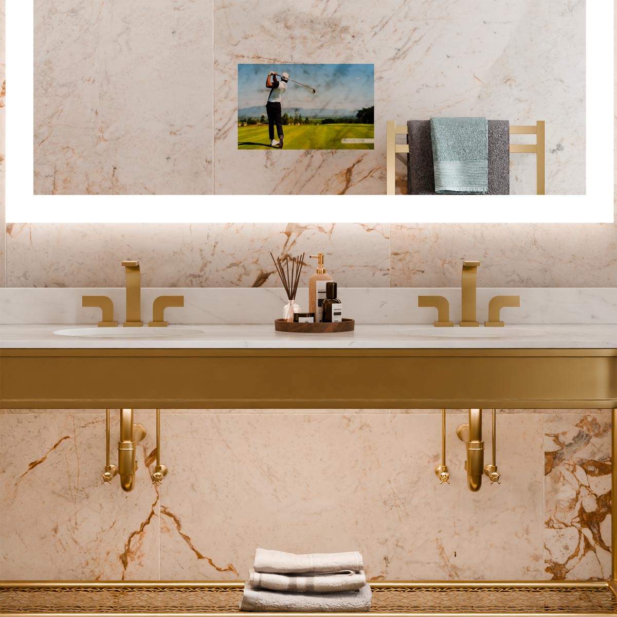 Silhouette LED Lighted Mirror TV in bathroom.