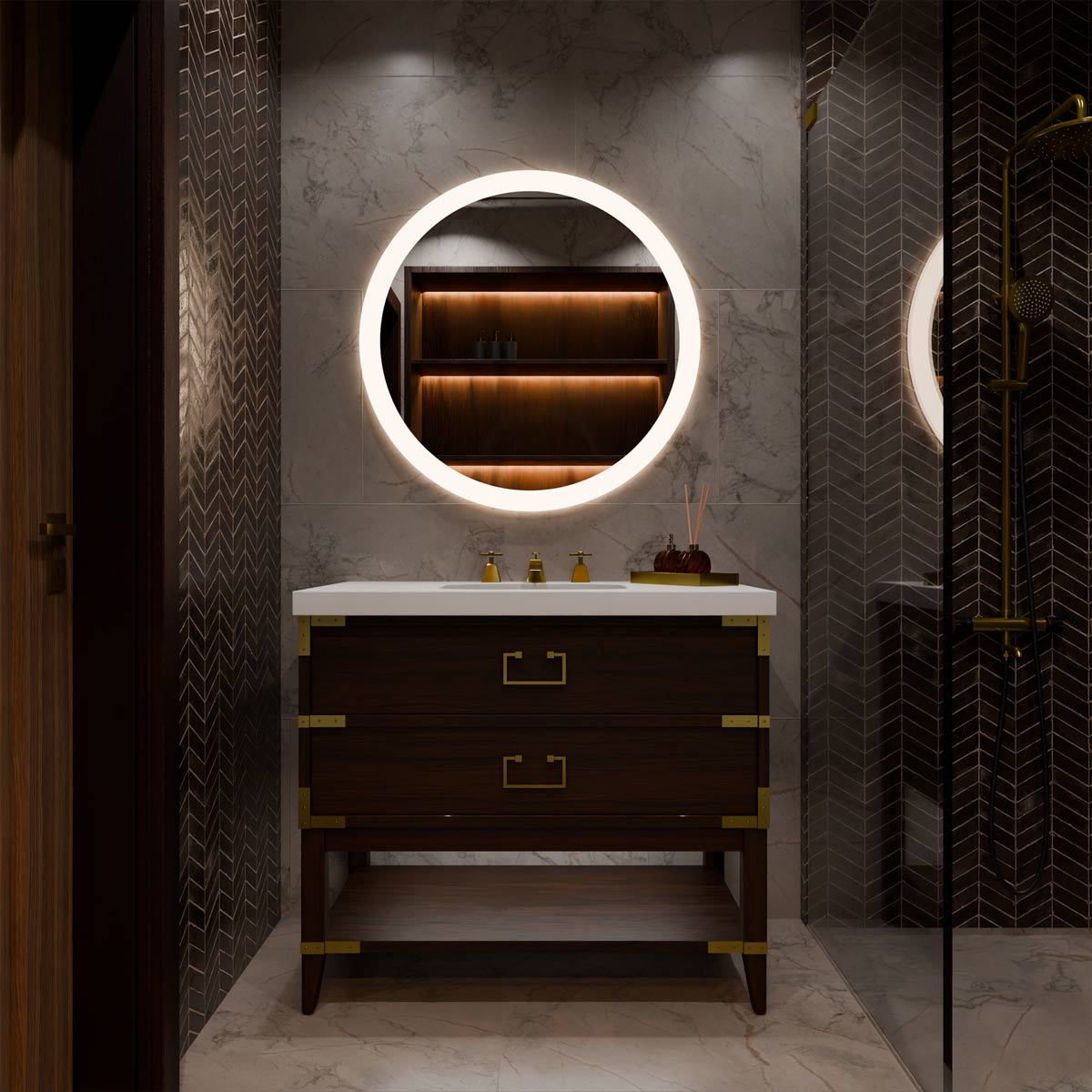 Trinity LED Lighted Mirror in bathroom.