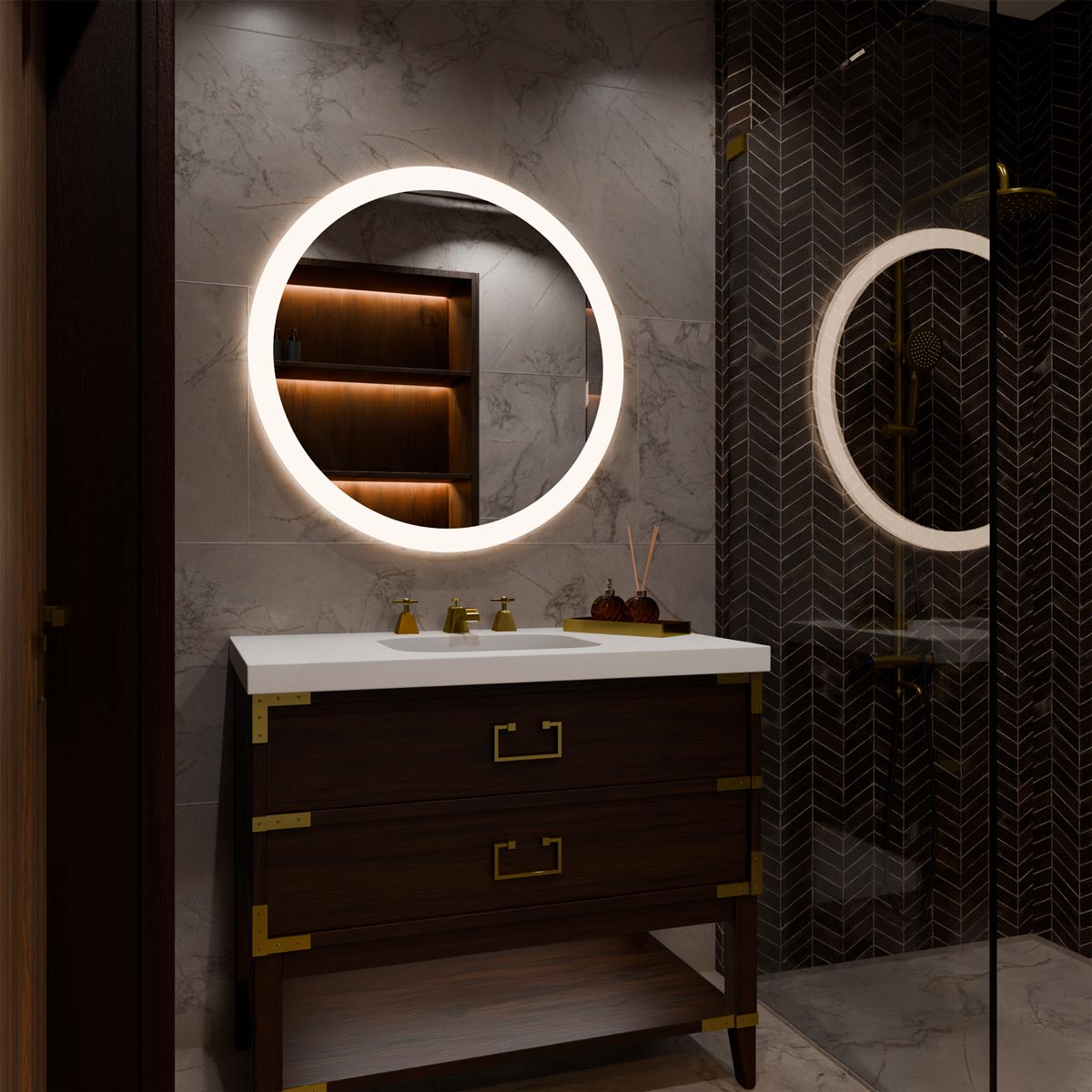Trinity LED Lighted Mirror in bathroom.