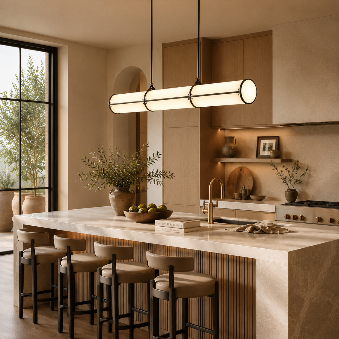 Modern kitchen with a large island, pendant lights, and bar stools.