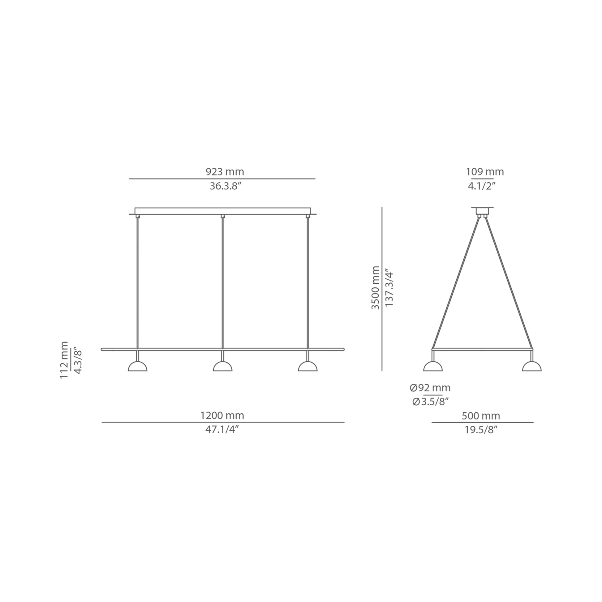 Cupolina Linear LED Pendant Light - line drawing.