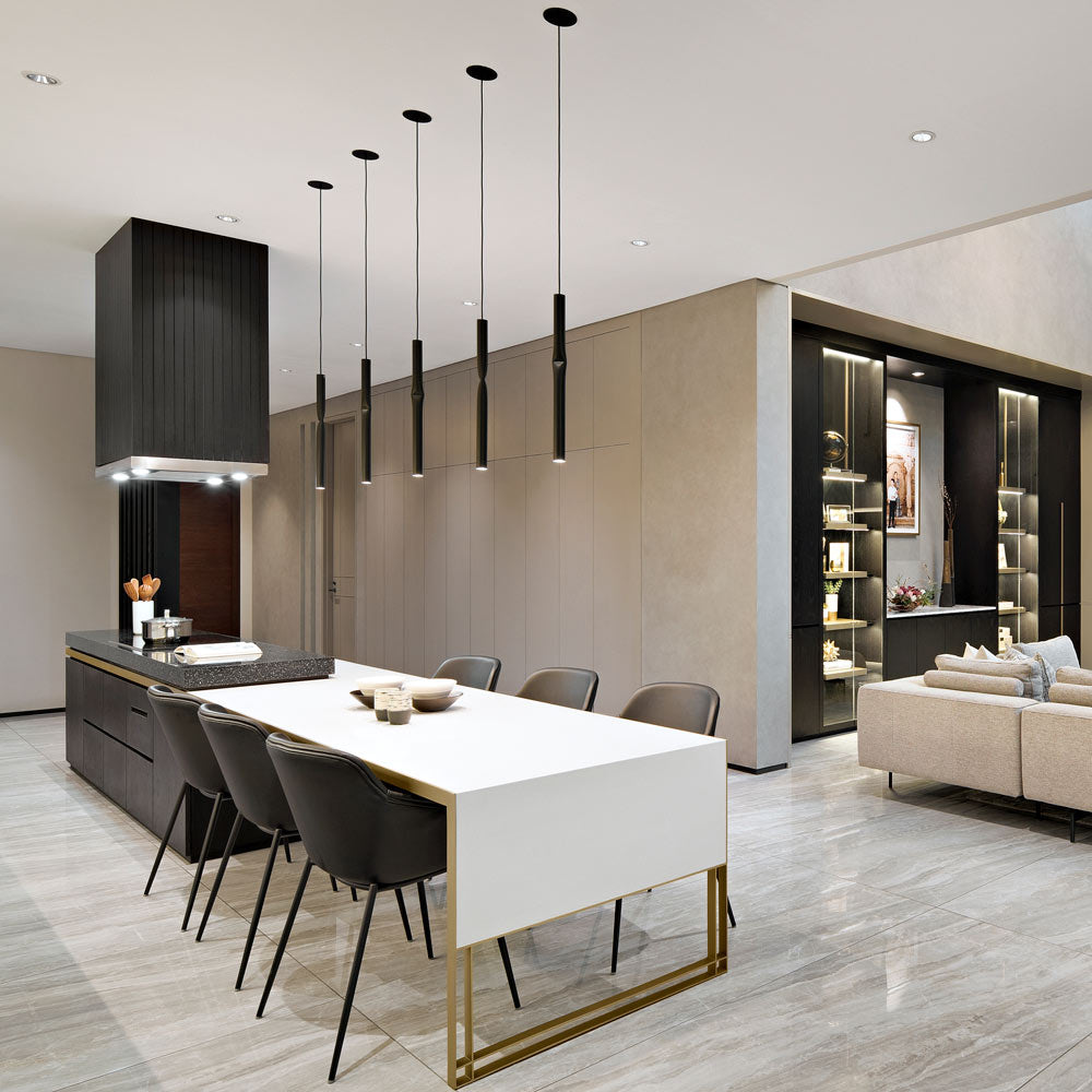 Flow LED Pendant Light in dining room.