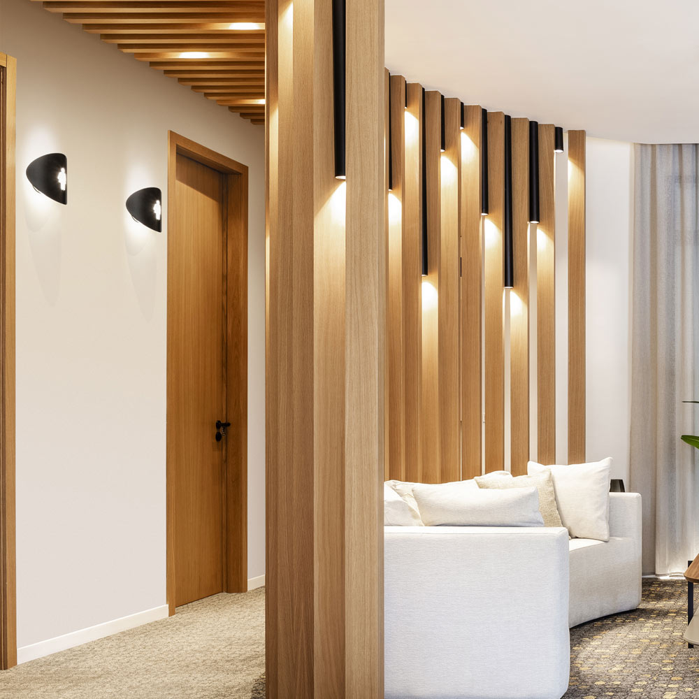 Lune Outdoor LED Wall Light in hallway.