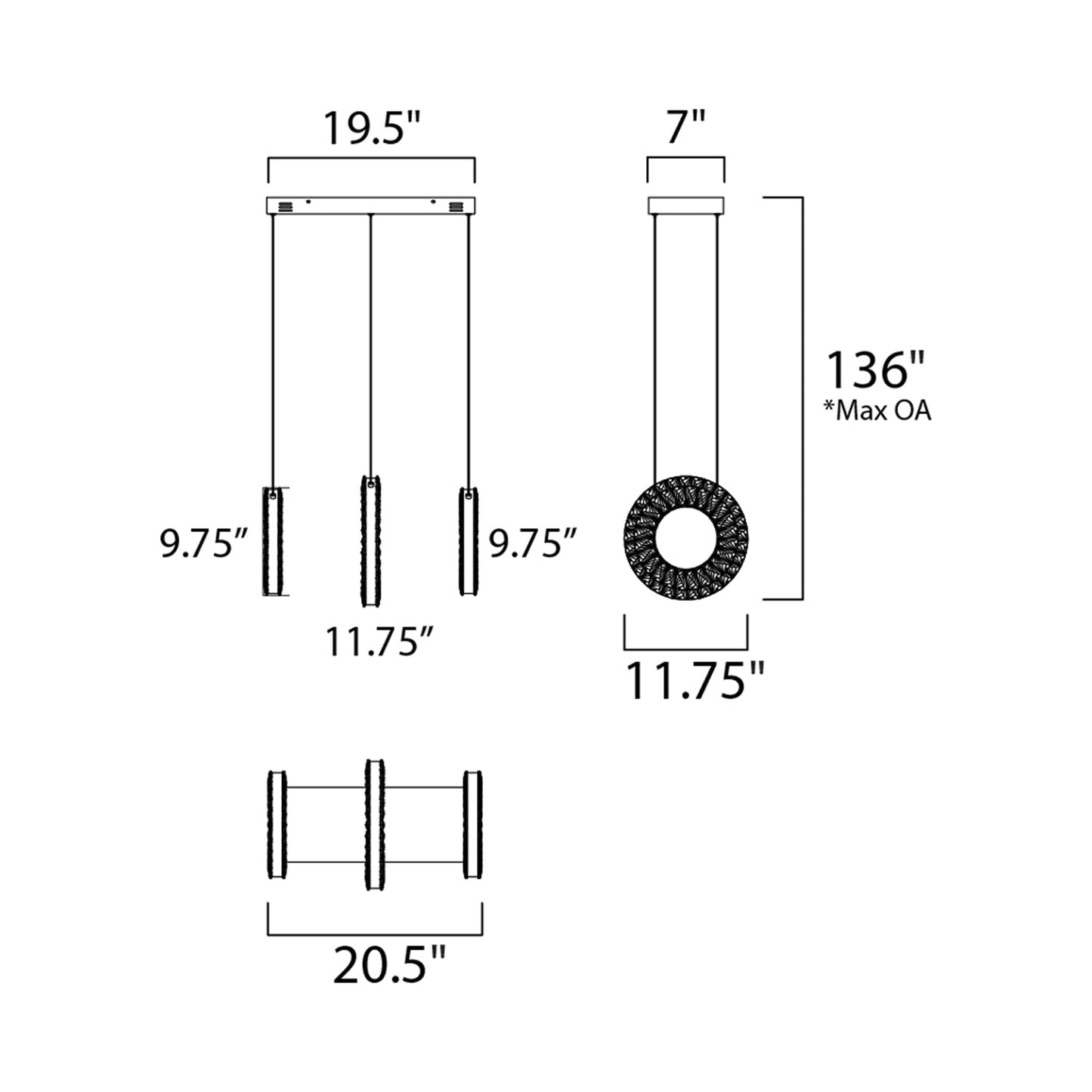 Charm LED Linear Pendant Light - line drawing.