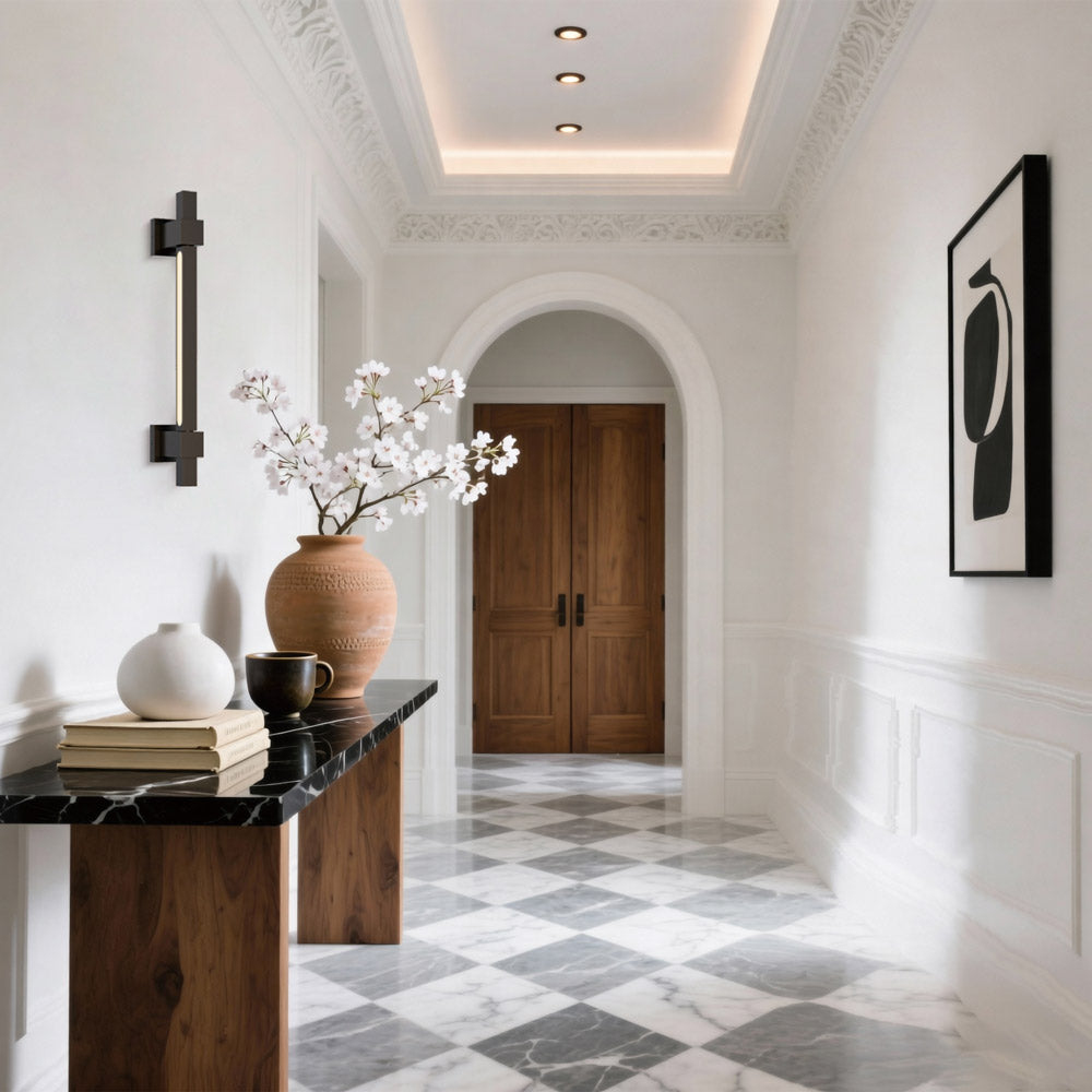 Cubist LED Wall Light in hallway.