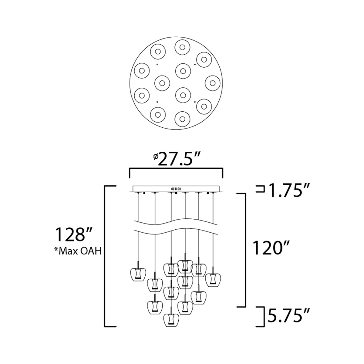 Newton LED Multi Light Pendant Light - line drawing.
