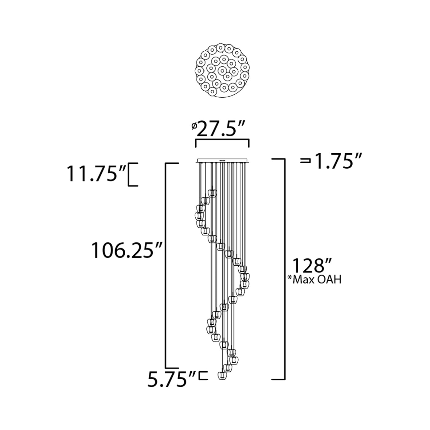 Newton LED Multi Light Pendant Light - line drawing.