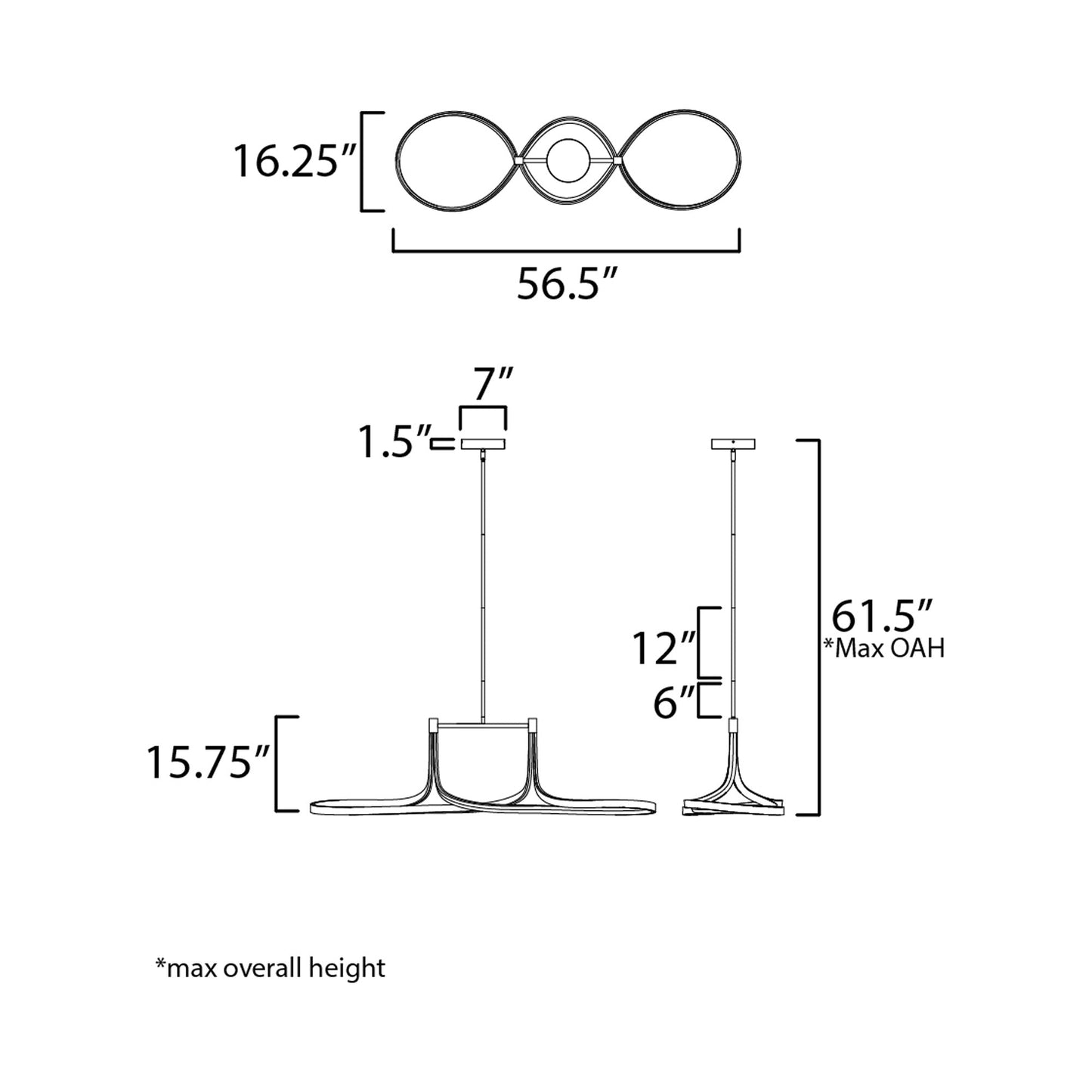 Serpentine LED Linear Pendant Light - line drawing.