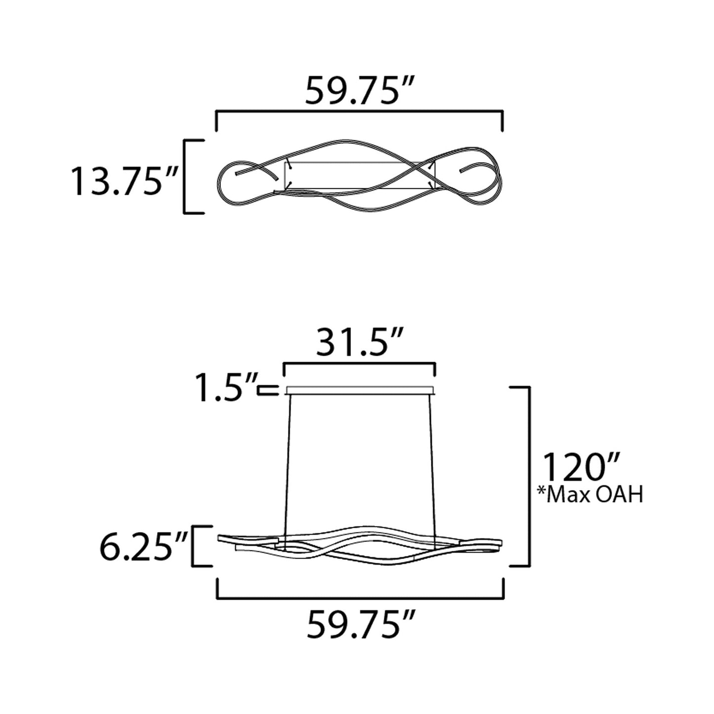 Serpentine LED Linear Pendant Light - line drawing.