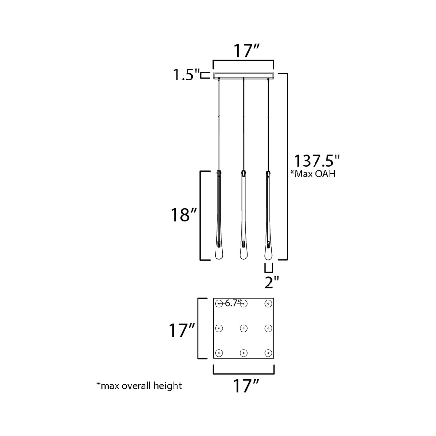 Stillo Square Multi Light Pendant Light - line drawing.