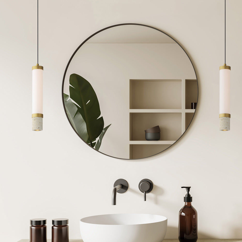 Travertine LED Single Pendant Light in bathroom.