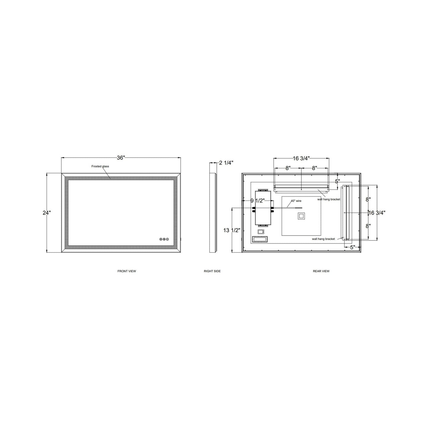Artell Rectangle LED Wall Mirror - line drawing.