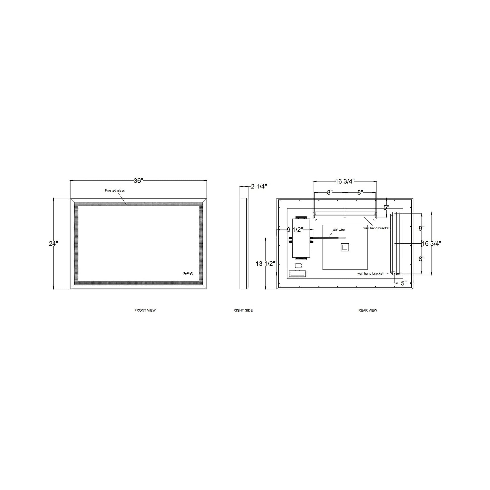 Artell Rectangle LED Wall Mirror - line drawing.