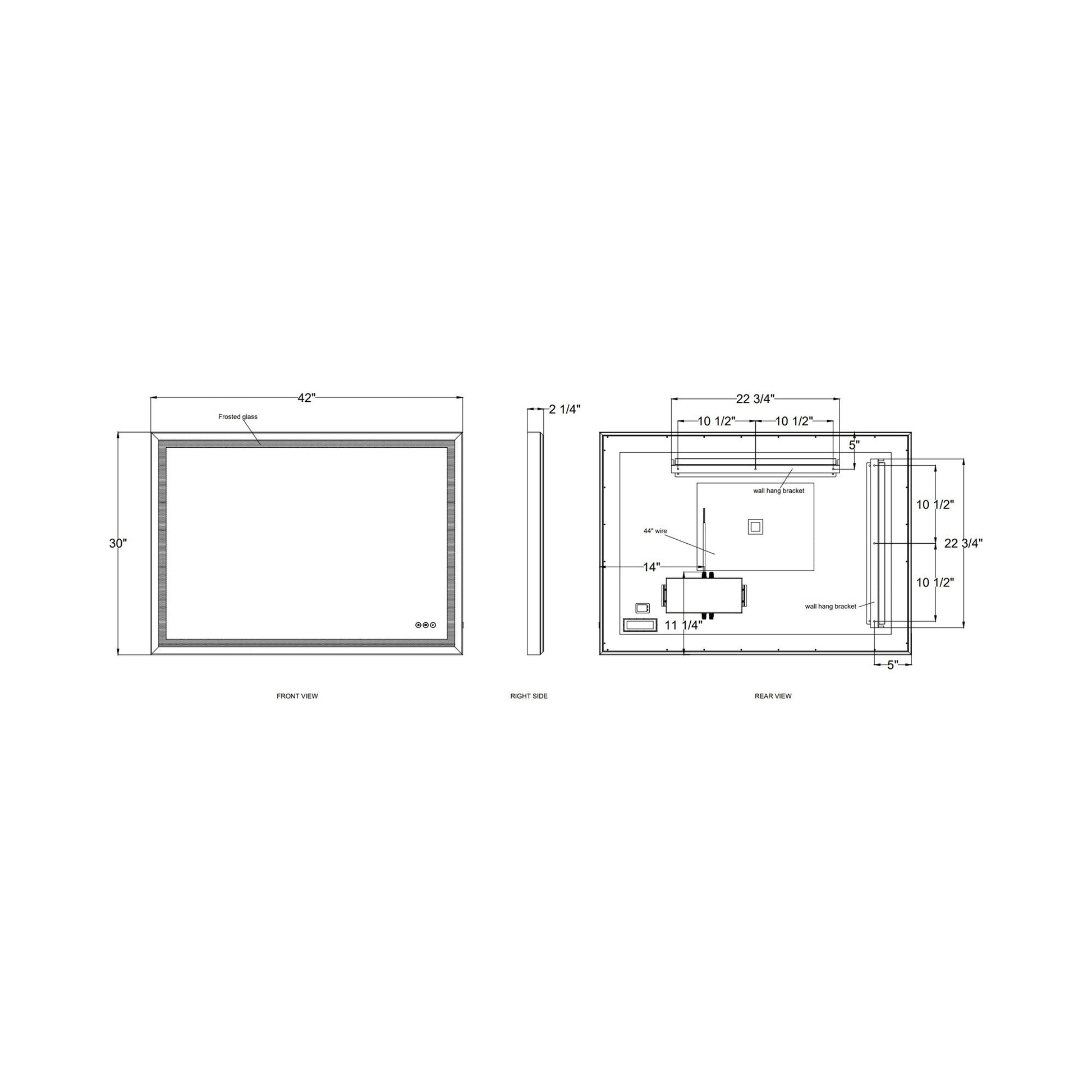 Artell Rectangle LED Wall Mirror - line drawing.