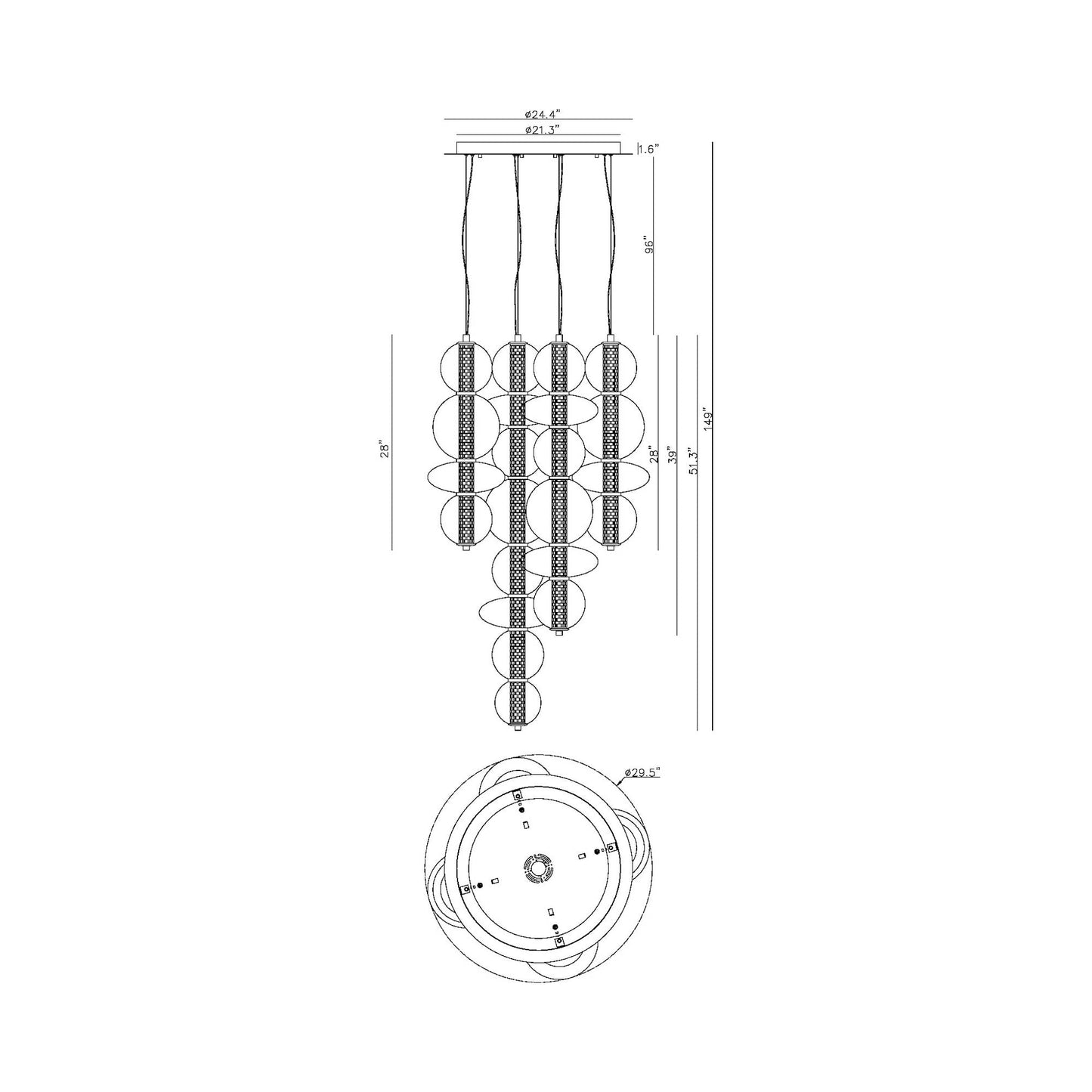 Atomo LED Multi Light Chandelier - line drawing.