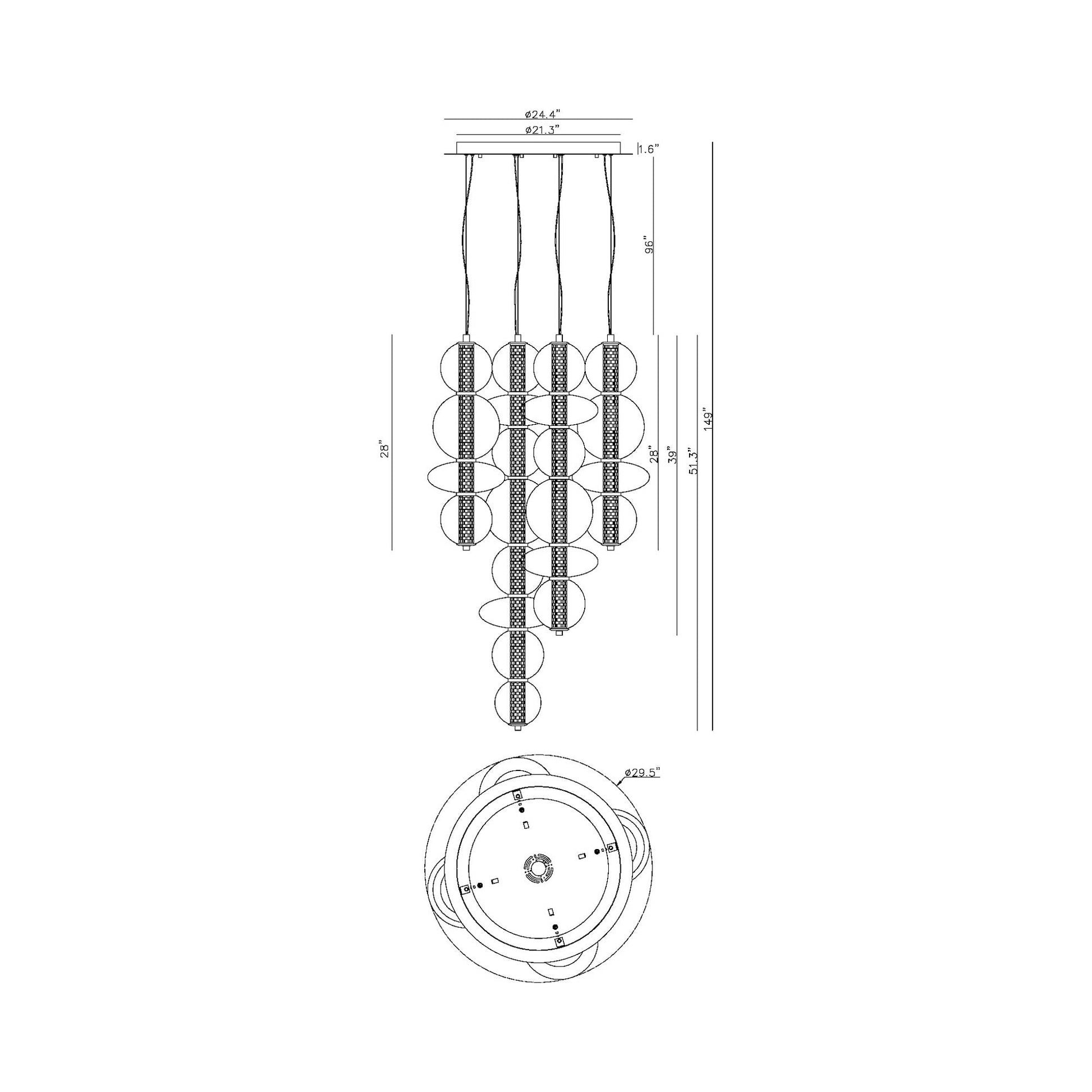 Atomo LED Multi Light Chandelier - line drawing.