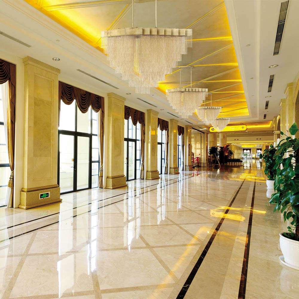 Bloomfield Oval LED Chandelier in hallway.